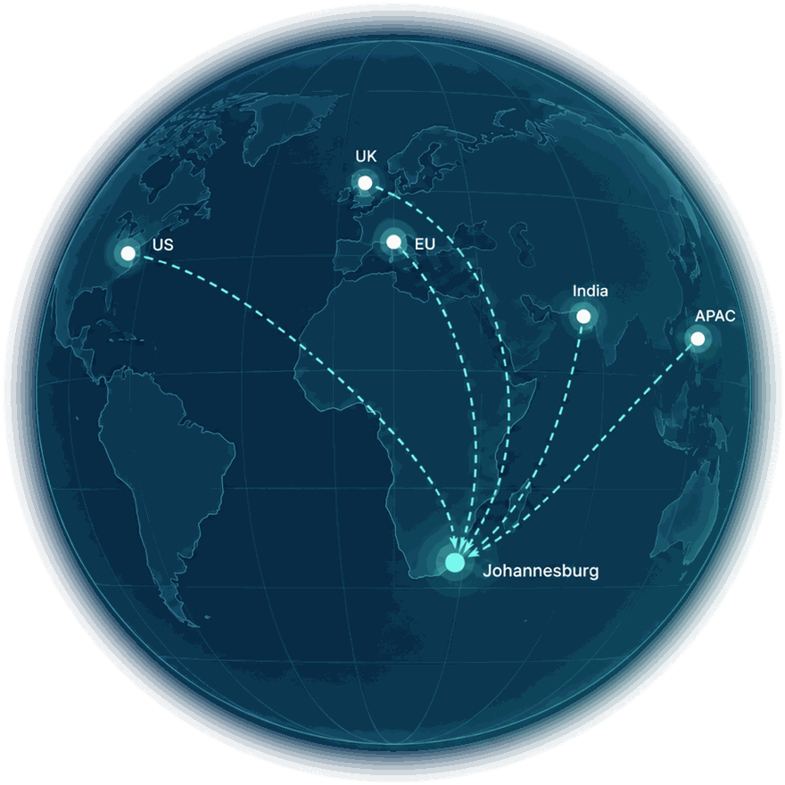 Routes from the US, UK, EU, India and APAC converging on Johannesburg